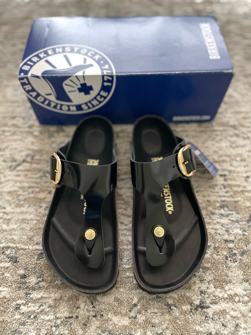 Birkenstock Gizeh Big Buckle Sandals Size 7.5 Regular Width Black High Shine 38 - Picture 2 of 6